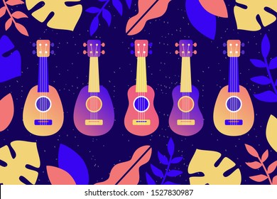 Conjunto de ukulele de forma diferente con hojas coloridas