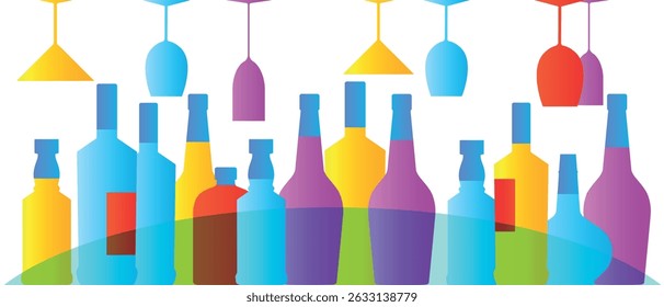 Set of different shaped alcohol bottles, glasses, party poster. Wine list, bar menu, red wine, glasses, martini,  merlot