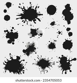 Set of different shaped black ink splatter spots.