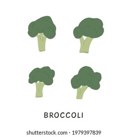 Set of different shaped Broccoli with stalks and tops. Brocoli with lush heads and stems. Green brocolli vegetables. Fresh healthy vegetarian food. Vector illustration of veggies isolated on white.