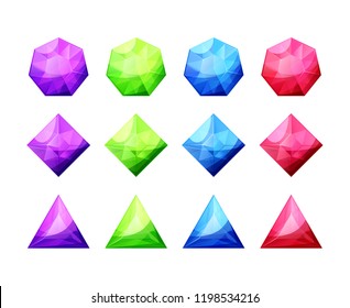 Set of different shaped crystals, gemstones, diamonds. Detailed colorful gems icons. Vector gui assets collection in cartoon style for game design and decoration isolated on white background.