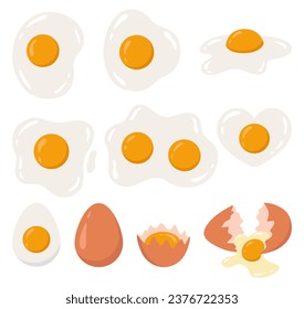 Set with different shaped fried, boiled and fresh eggs. Egg with yolk and broken shell. Healthy food theme. Vector illustration isolated on white background.