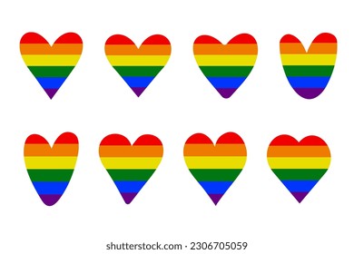 Un conjunto de corazones diferentes en forma en el color de la bandera LGBT, el símbolo de amor del concepto de lesbianas, gays, bisexuales y transexuales. Vector