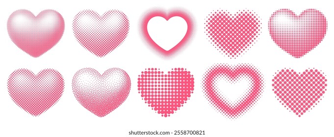 Set of different shaped hearts with halftone effect. Monochrome, pop art style dotted hearts, isolated on white background. Vector illustration