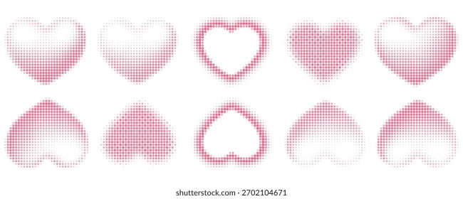Conjunto de corazones de diferentes formas con efecto semitono. Monocromo, corazones punteados del estilo del arte pop, aislados en el fondo blanco. Ilustración vectorial
