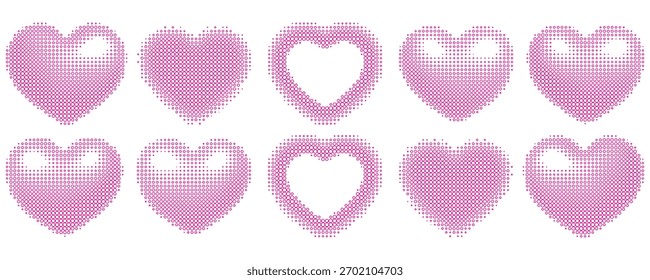 Conjunto de corazones de diferentes formas con efecto semitono. Monocromo, corazones punteados del estilo del arte pop, aislados en el fondo blanco. Ilustración vectorial