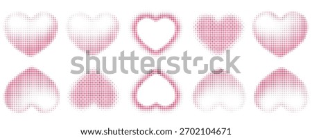 Set of different shaped hearts with halftone effect. Monochrome, pop art style dotted hearts, isolated on white background. Vector illustration