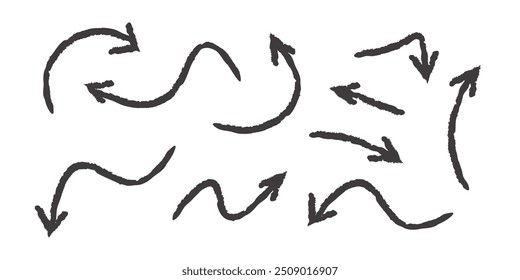 Conjunto de diferentes flechas de tinta en forma aislada sobre fondo blanco. Dibujado a mano. Iconos del vector en estilo plano