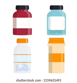 Conjunto de diferentes botellas medicinales con etiquetas y pastillas. Ilustración plana