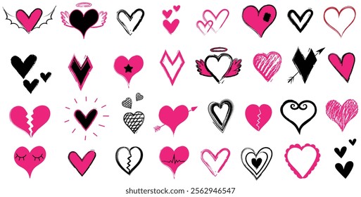 Set of different shaped pink and black emo heart icons. Holidays vector hearts. Hand drawn grunge heart love symbols isolated on white background.