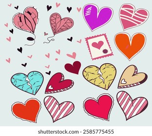 Set of different shaped pink hearts of crumpled paper. Cut color hearts in pop art style with torn edge. Vintage elements with wrinkled paper texture for Valentines Day collage. Vector illustration