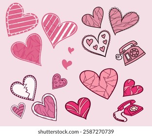 Set of different shaped pink hearts of crumpled paper. . Vintage elements with wrinkled paper texture for Valentines Day collage. Vector illustration