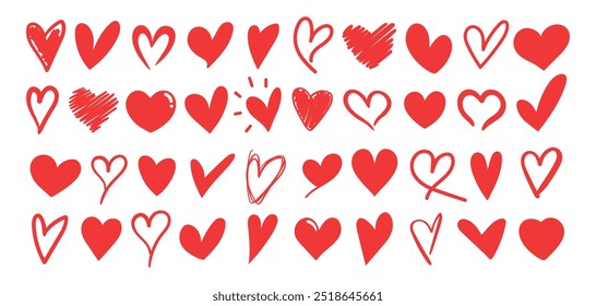 Set of different shaped red heart icons. Hand drawn vector hearts. Red heart love symbols isolated on white background