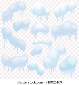 Set of different shaped snow pieces on alpha transparent background.