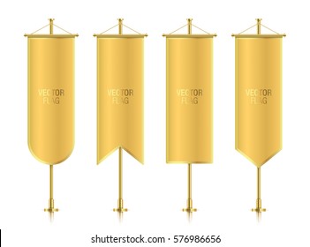 Set of different shaped, vector golden flag mockups, hanging on a poles. Elegant vertical banner flag templates, isolated on a white background.