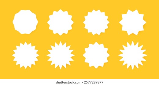 Set of different shapes badge tags white color isolated on yellow background. Vector flat illustration