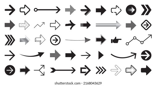 Conjunto de diferentes formas flechas en blanco y negro. Colección del icono del vector de flecha estilo plano aislado en fondo blanco.