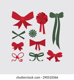 Set of different shapes of bows in red and green colors