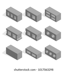 Set of different shapes cinder blocks, view to the left. Elements of the design of building materials. Flat 3d isometric style, vector illustration.