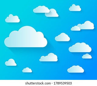 Set Different shapes of clouds on clear blue sky. Paper cut and digital crafts style.
