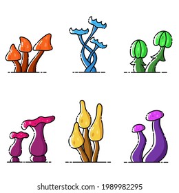 Set of different shapes colour magic mushrooms on white background.