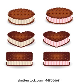Set of different shapes of cookies with vanilla and strawberry cream
