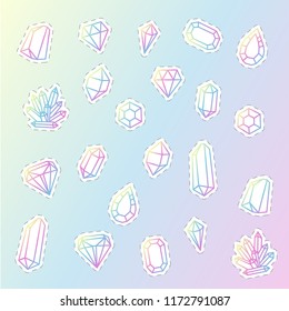 set of different shapes of crystals with a brilliant surface. stickers of crystals