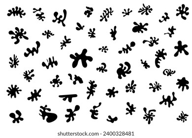 Set of different shapes of drops, spots. Black liquid stains isolated on white background.