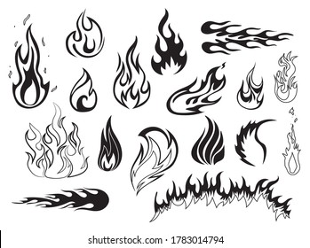 Set of different shapes of fire. Collection of various fiery burning stripes, flames, bonfire. Flame drawing. Vector illustration of a fire.