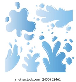 A set of different shapes of flashes and drops of water. An image of a spilled liquid in a cartoon style. Vector illustration isolated on blue background.