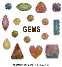 Set of different shapes gems hand drawn with watercolor pencils. Can be used in design of gem's exhibition or shop. Circle cabochons can be used in design of social media pages.