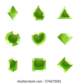 Set of different shapes gems. High quality green gemstones, crystals, diamonds. Vector illustration on a white background.