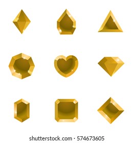 Set of different shapes gems. High quality gold gemstones, crystals, diamonds. Vector illustration on a white background.
