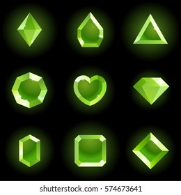 Set of different shapes gems. High quality green gemstones, crystals, diamonds. Vector illustration on a black background.