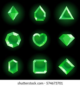 Set of different shapes gems. High quality green gemstones, crystals, diamonds. Vector illustration on a black background.