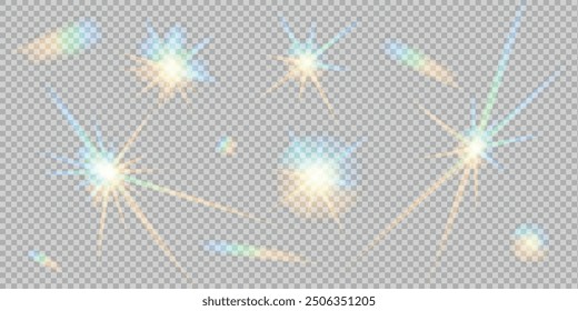 Conjunto de diferentes Formas brillantes estrellas del arco iris aisladas sobre fondo transparente. Efecto de prisma de luz de reflexión. Reflejo colorido del resplandor. Reflejo del arco iris de cristal. Efecto de luces brillantes.