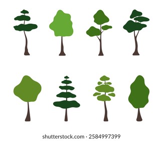 A set of different shapes of green trees, hand-drawn, isolated on a white background, flat design, vector. Abstract decorative graphic illustration of forest vegetation. A simple element for design