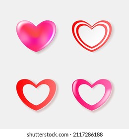 Set of different shapes Hearts. 3d and paper red and pink hearts. Design for Valentine's day, Wedding, Mother's Day