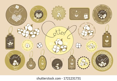 Conjunto de diferentes formas de etiquetas con flores de algodón sobre un fondo claro y texto cien por ciento algodón orgánico natural. La mejor elección para su diseño