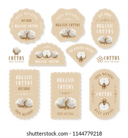 Set of different shapes of labels with photo realistic cotton balls on a light beige background and text hundred percent natural organic cotton and best choice, high quality, pure bio, premium.