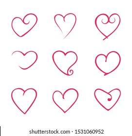 Set of different shapes line hand drawn isolated red hearts design elements. Vector flat cartoon graphic design illustration