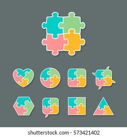 Set of different shapes made of jigsaw puzzle pieces, design elements for your logo or icon, vector illustration