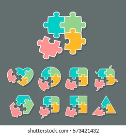 Set of different shapes made of jigsaw puzzle pieces, design elements for your logo or icon, vector illustration