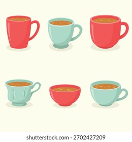 Conjunto de tazas de diferentes Formas. Ilustración vectorial de la hora del té.