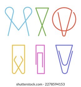A set of different shapes of multi-colored paper clips.
Vector.