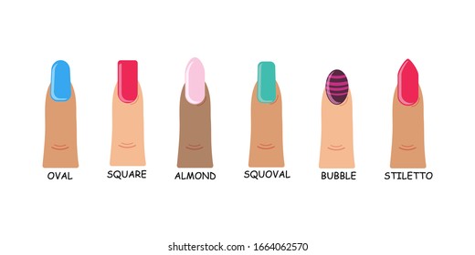 Set of different shapes of nails on white background. Female manicure in flat design. Types of fashionable vibrant color shapes of the nail collection. Vector illustration, EPS 10.