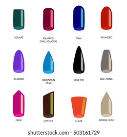 Set of different shapes of nails on white. Nail shape icons. Manicure polish. Vector illustration 