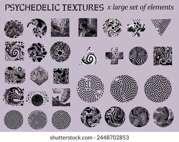 Set of different shapes with psychedelic trippy pattern resembling ink blots and stains.