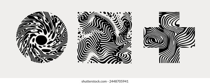Set of different shapes with psychedelic trippy pattern resembling ink blots and stains.