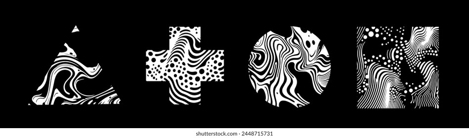 Set of different shapes with psychedelic trippy pattern resembling ink blots and stains.